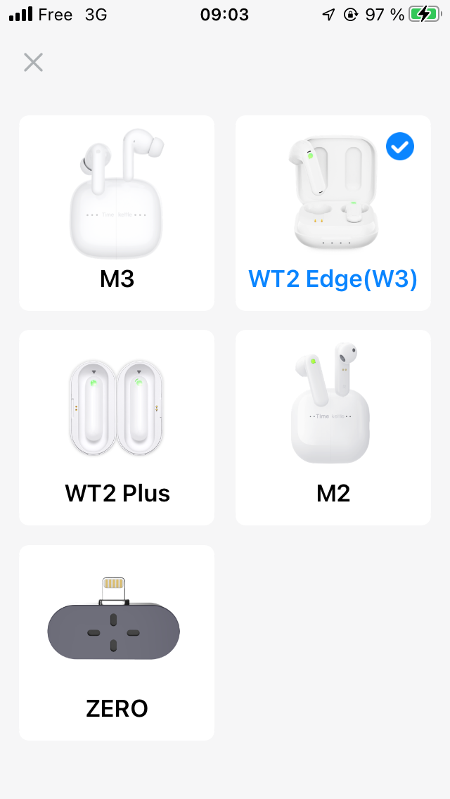 TimeKettle WT2 Edge, choix de l'oreillette dans l'application mobile